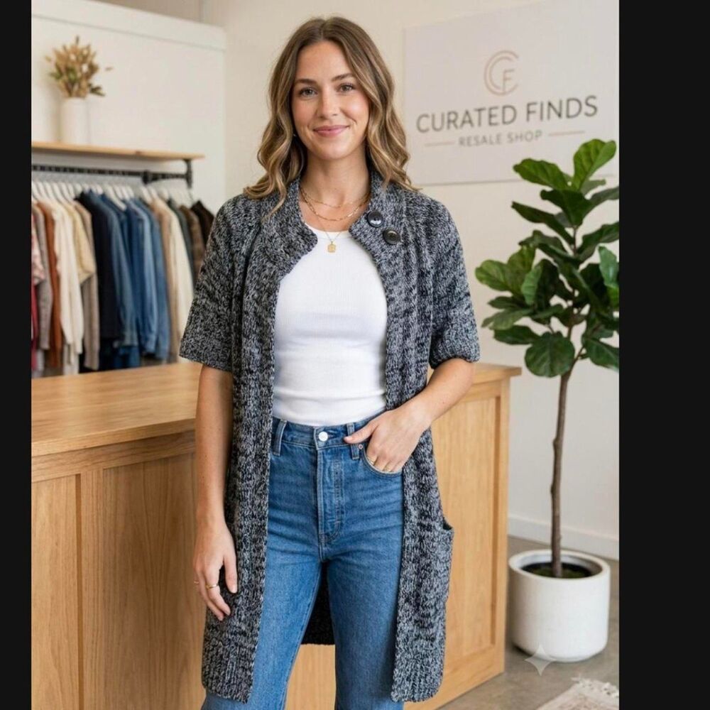 Women's Marled  Grey Sweater long Cardigan w/ Collar Button Detail
